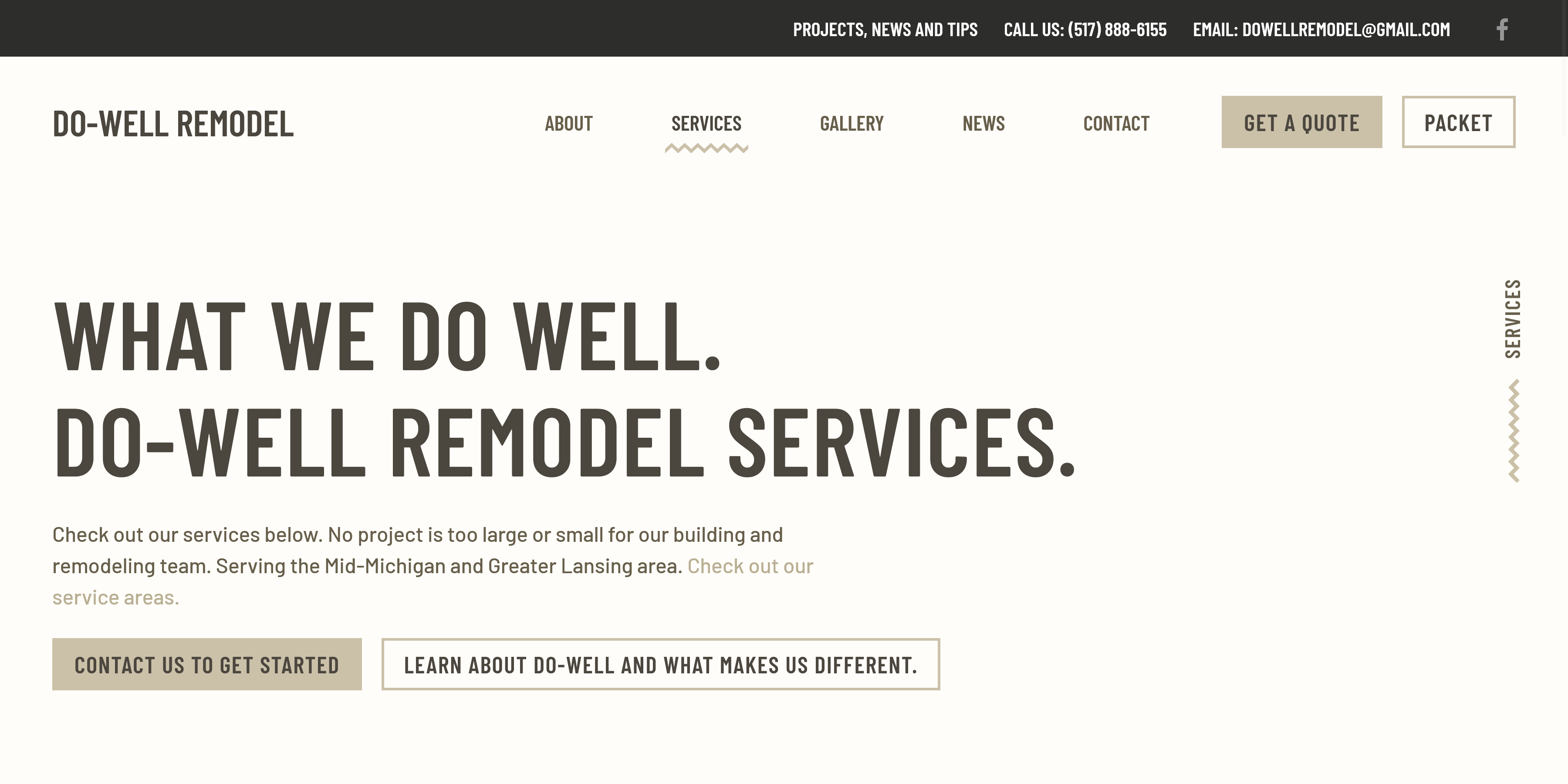Website Screenshot of dowellremodel.com website. Showing the menu and the hero call to action of "What We Do Well Do-Well Remodel Service"