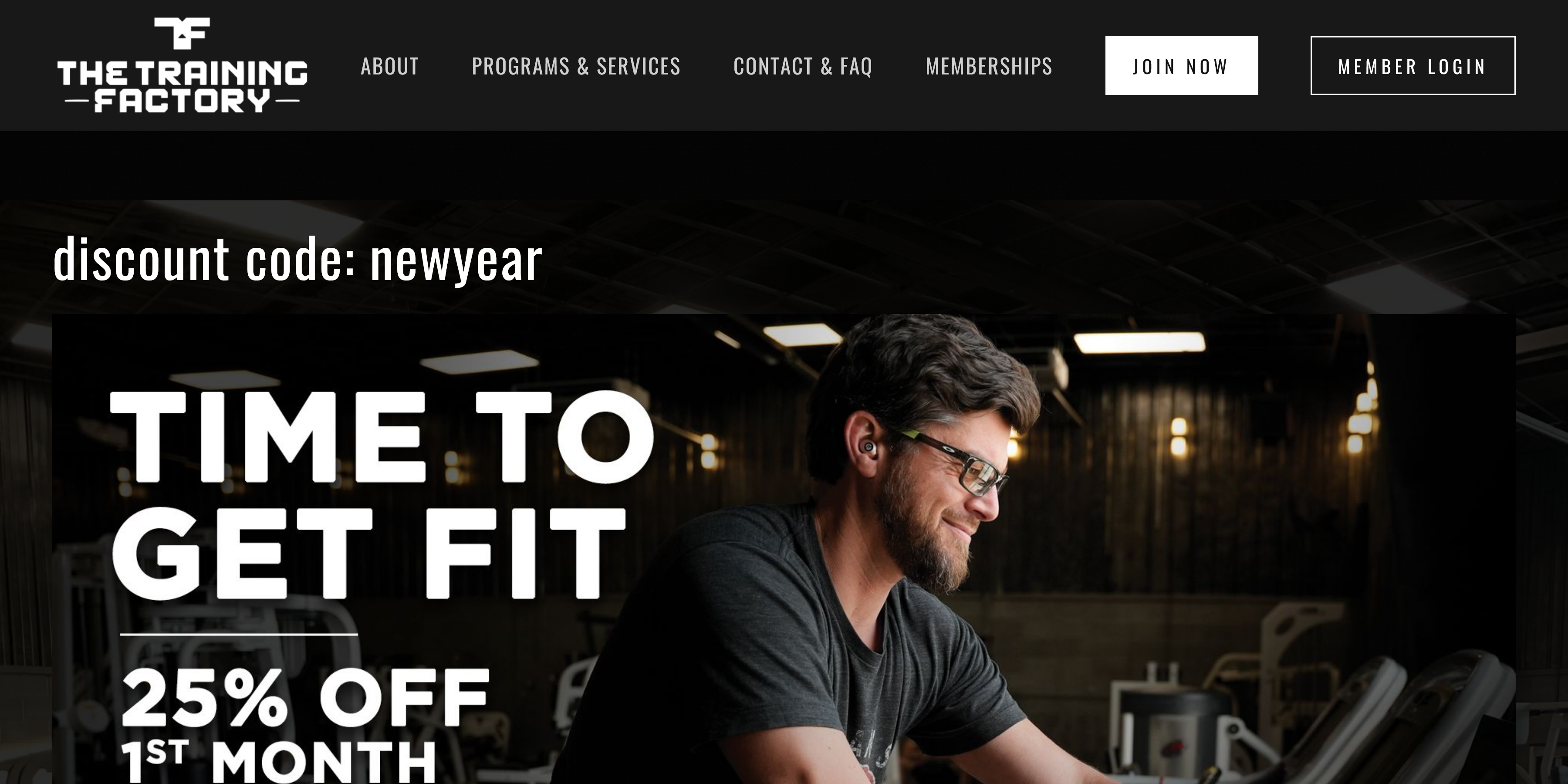 Website Screenshot of thetrainingfactory.com website. Showing the menu and the hero call to action of "Time to GEt Fit"